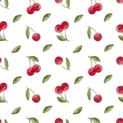 Pattern watercolor illustration cherry berries with green leaves hand drawn. Seamless print in vintage style on isolated background for design textiles, fabrics, packaging, clothes, postcard packaging