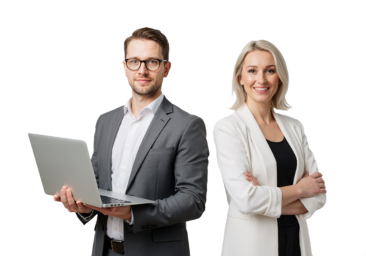 Professional business team holding a laptop. smiling man and woman on a white or transparent background.
