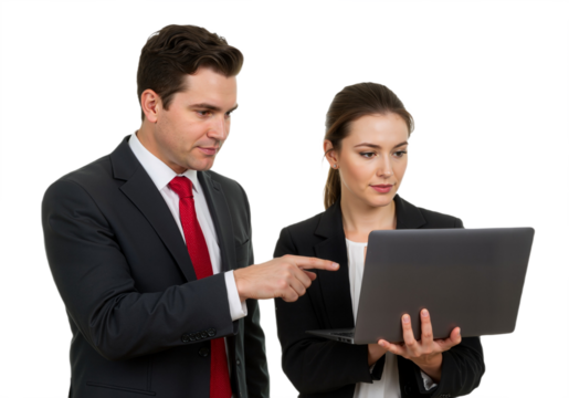 Corporate team collaboration, Confident Business Team Holding laptop on Transparent Background, PNG format