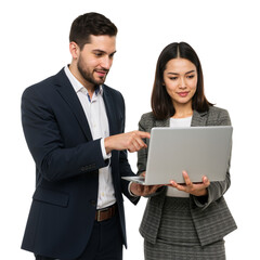 Corporate team collaboration, Confident Business Team Holding laptop on Transparent Background, PNG format