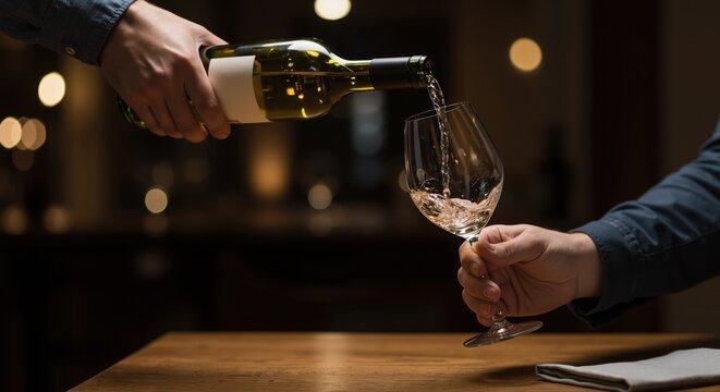 Man pouring white wine into glass on wooden table in restaurant