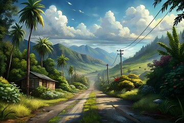 Serene tropical road winding through lush green mountains