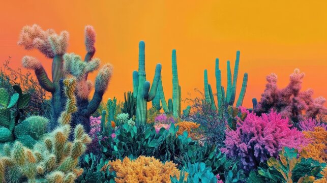 Vibrant and Colorful Cactus Landscape at Sunset with Bright Orange and Pink Hues in the Background