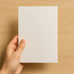 Fototapeta premium Hand Holding Blank White Card on Wooden Background, Empty Paper Mockup for Design, Invitation, or Message Template