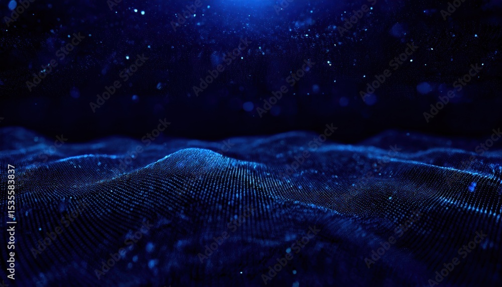 Poster digital blue wave of glowing particles and flowing lines on a dark background for futuristic concept