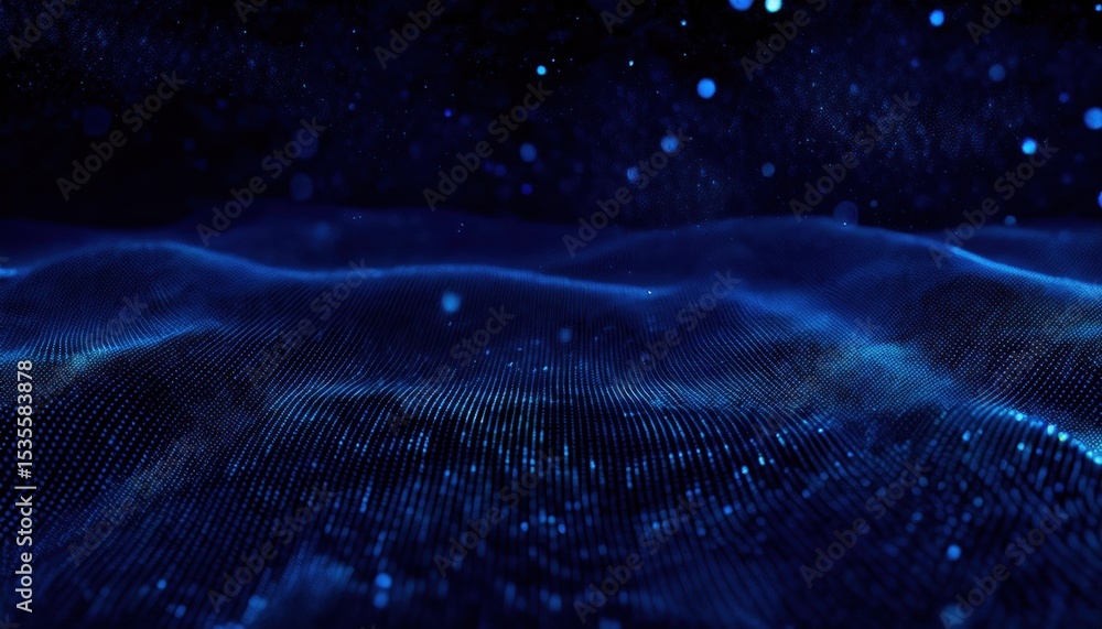 Poster digital blue wave of glowing particles and flowing lines on a dark background for futuristic concept