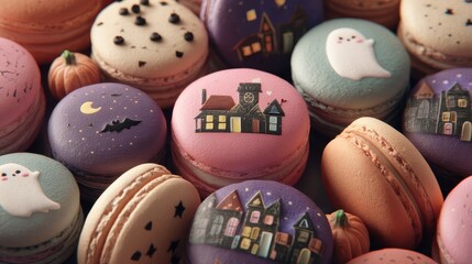Halloween pumpkin macaron. Halloween-themed macarons decorated with ghosts, haunted houses, bats, and pumpkins in pastel shades.