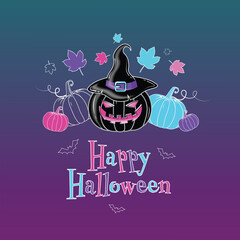 Happy Halloween and Autumn Vector Neon Colors Design in Magenta and Blue Colors. Creative and cool Halloween Background or poster, banner, greeting card or any else. 