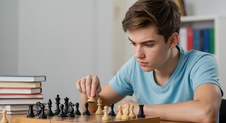 Teenage boy concentrating while playing chess at home  
