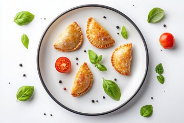 Exquisite Empanadas on a Plate: A tantalizing overhead shot showcases a beautifully arranged plate, adorned with golden empanadas and fresh herbs, offering a visual treat for food lovers.