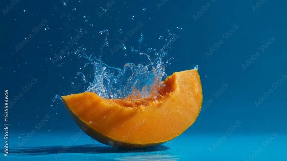 Aufkleber a vibrant orange melon slice splashes into water, creating a refreshing scene. this creative image c