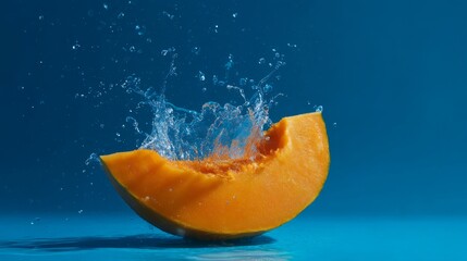 A vibrant orange melon slice splashes into water, creating a refreshing scene. This creative image combines bold colors and fluid motion, perfect for food and drink themes. AI