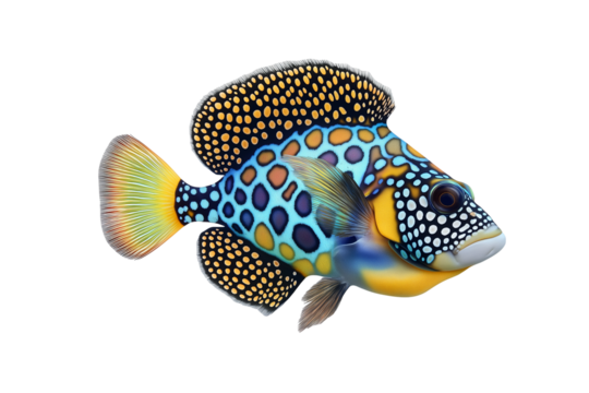 Colorful clown triggerfish with distinct spot patterns isolated on a transparent background