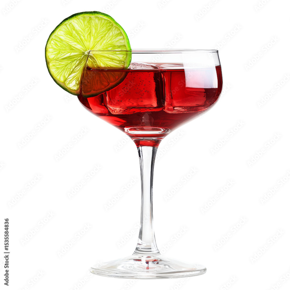 Poster refreshing cocktail with lime slice and ice cubes in glass