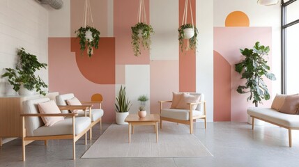 living hall interior, abstract art style, bold geometric mural on wall, soft color palette with terra cotta and blush, mid-century low furniture
