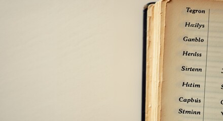 Open book showing alphabetical list of names on a white background  