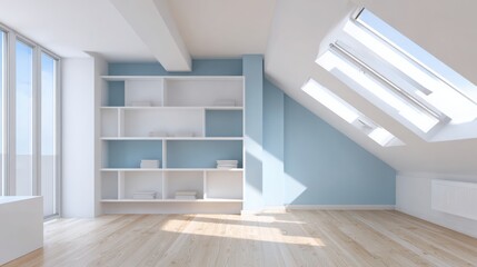 modern attic loft, clean minimalist design, light blue and white walls, skylights with sun rays, sleek built-in shelves, light oak flooring