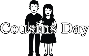 A cartoon illustration of cousins day with a boy and girl standing next to the text in black and white