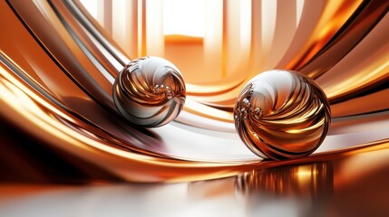 Two metallic spheres in a copper and silver colored abstract setting, creating a modern and elegant visual. The reflective surfaces add depth and sophistication.