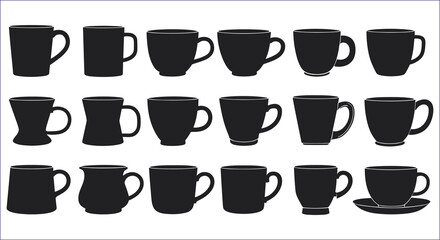 Black Silhouettes Of Different Mugs For Coffee Or Tea Vector Image