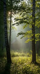 Obraz premium Sunlit Forest Clearing: Serene Woodland Cabin Scene with Foggy Rays of Sunlight
