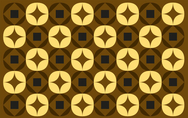 seamless pattern with golden stars. Ethnic style Indonesian Batik motif featuring a geometric pattern with alternating light brown petal shapes and dark brown squares on a medium brown background