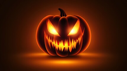 Naklejka premium Illuminated jack o lantern with a menacing grin, glowing eyes, and sharp teeth, casting an eerie light in the darkness. Halloween themed illustration.