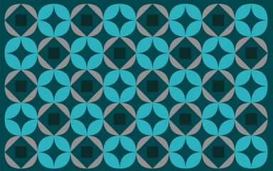 seamless geometric pattern. Ethnic style Indonesian Batik Ceplok motif, a simple geometric floral pattern alternating gray squares with two-tone teal rounded petals on a dark green background