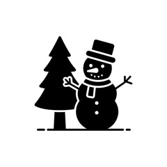 Snowman standing in front of Christmas tree in snowy landscape