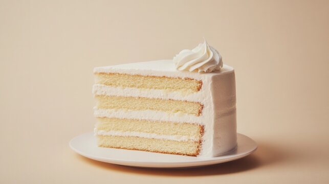Slice of Vanilla Layer Cake with Whipped Cream on a Plate