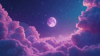 Night sky with full moon and pink clouds. Dreamy landscape with stars and soft, fluffy clouds illuminated by moonlight, creating a serene and magical atmosphere.