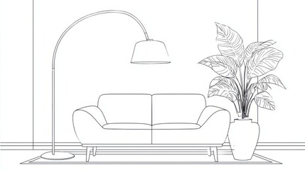 Premium photo of simple line drawing of a sofa with a floor lamp and a plant on a white background, vector illustration, flat design, minimalistic style, black outline on the.