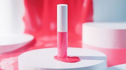 Bright Pink Lip Gloss Bottle on Minimalist White Platform Surrounded by Fluid Colors