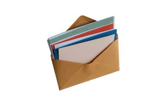 Open envelope with colorful papers inside on a transparent background, top view, correspondence concept