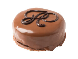 Chocolate glazed cake with decorative swirl isolated on transparent or white background, png