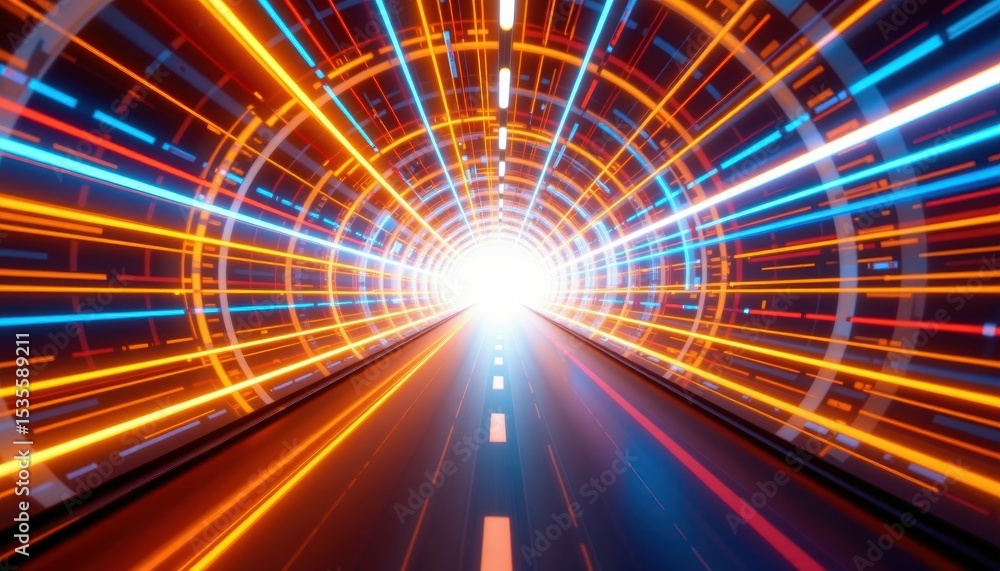 Aufkleber dynamic light trails illustrating speed in a futuristic tunnel abstract art digital environment