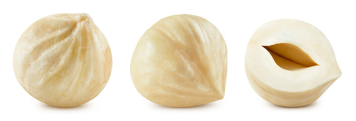 Hazelnuts collection isolated on white background. Hazelnuts clipping path.