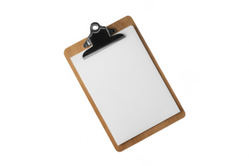 A clipboard with a blank sheet of paper isolated on a transparent background ready for text or graphics