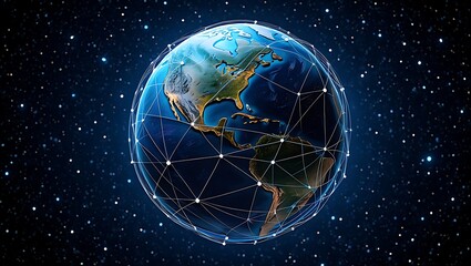Naklejka premium Connected World Network Across the Americas Digital Communication and Global Connectivity Represented by a Technological Earth Globe in Space