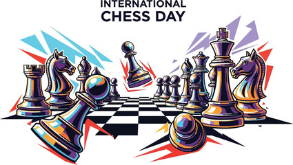 International chess day illustration with chessboard and chess pieces in colorful style