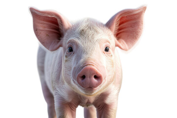 Close up of a cute pink piglet with big ears looking at the camera on an isolated transparent background