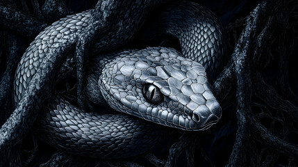 Black and White Photo of Snake in Dark Setting