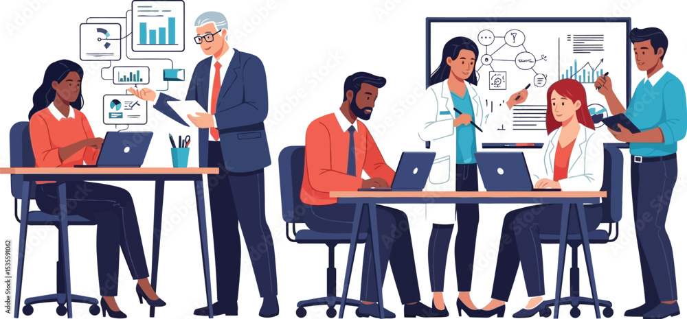 Poster group of diverse professionals collaborating and analyzing data in a modern office environment setti