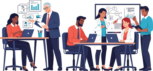 Group of diverse professionals collaborating and analyzing data in a modern office environment setting