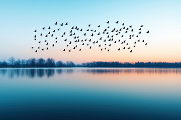 Birds flying in synchronized pattern over tranquil lake at sunrise, reflecting serene colors