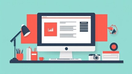 Modern Workspace with Computer, Desk Accessories, and Creative Elements for Productive Environment