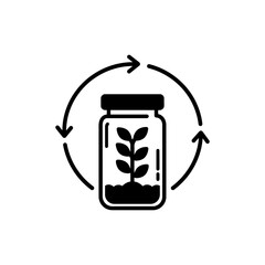 Small plant growing in jar with circular arrows