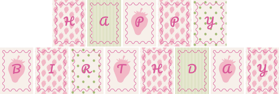 Happy birthday banner cards with srawberry in whimsical hand drawn style, wavy frames, green dots pattern and ink strawberry pattern.