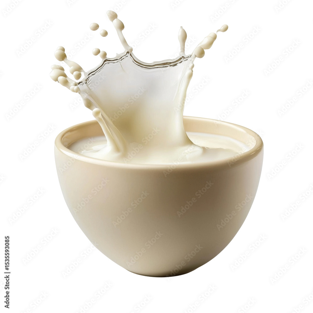 Poster creamy milk splashes dramatically from beige bowl, creating dynamic and fresh scene. this captures e