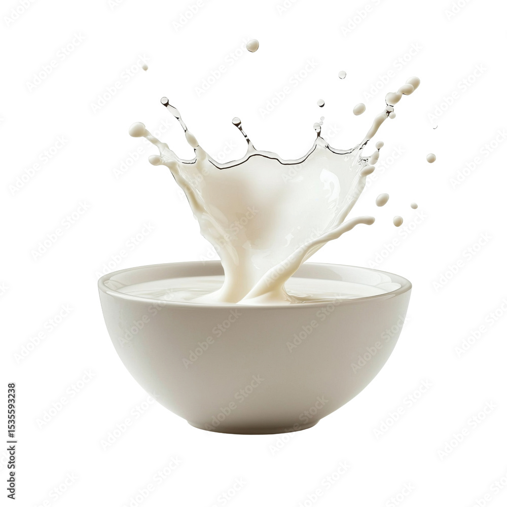 Poster Fresh milk splashes dramatically from white bowl, creating dynamic and lively scene. smooth texture and pure color evoke sense of freshness and vitality